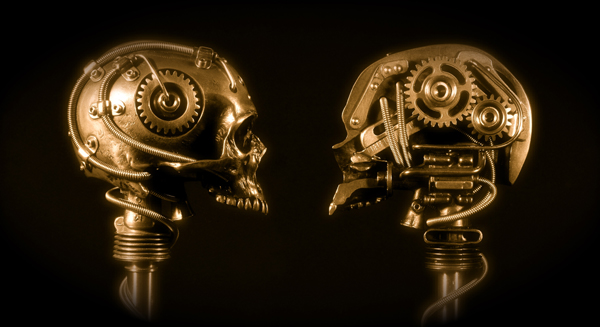 BRONZE ROBOTIC CYBORG SKULL TITLED COG-NITION BY ARTIST CHRISTOPHER CONTE